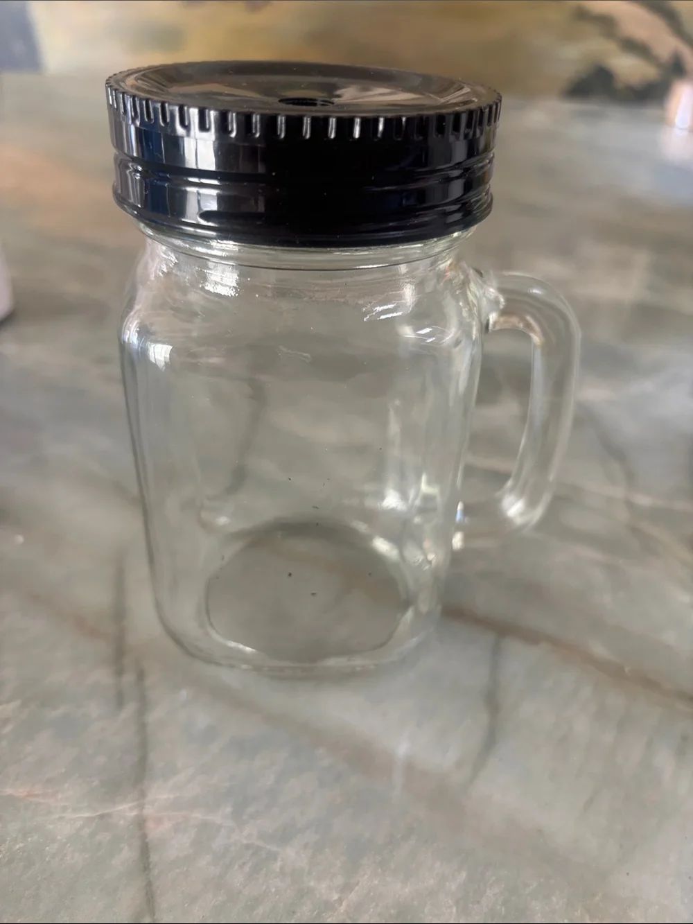 Mini Glass Mason Jar Drinking Mug with Handle and Plastic Screw-On Lid
